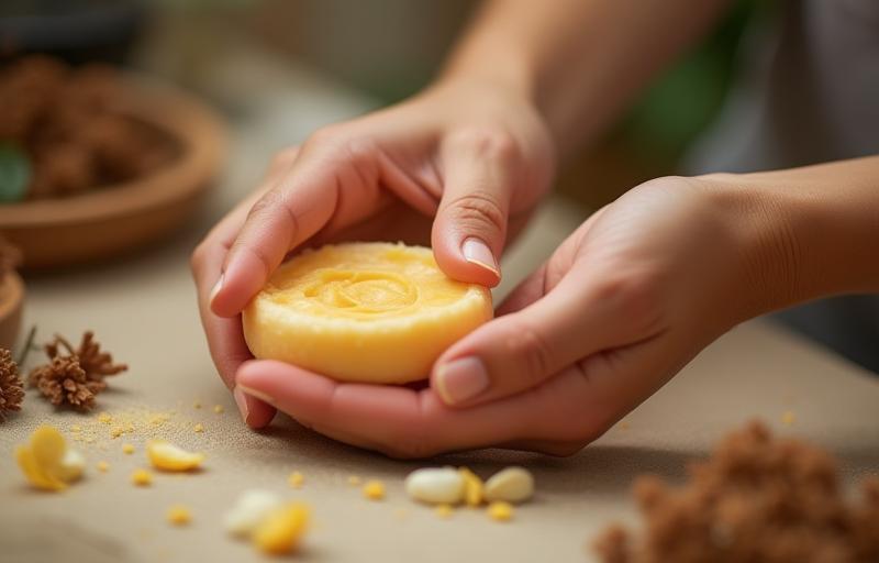 Hands carefully crafting natural soap or skincare, emphasizing the handmade process