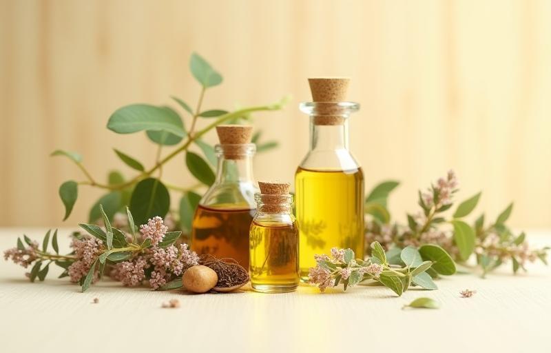 Stylized close-up of natural herbs, flowers, and oils used in cosmetics